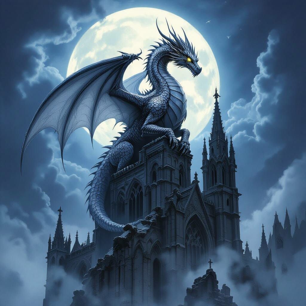Silver Dragon on Gothic Cathedral in Dark Fantasy Style