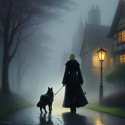 Woman Walking German Shepherd in Ethereal Mist