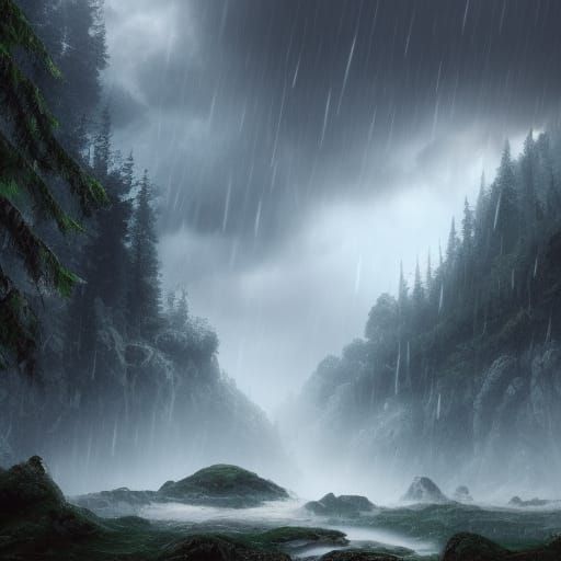 Heavy Rain and Wind Storm in Forest