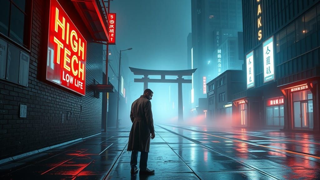 Rain-Soaked Stranger Stands Out in Neon-Lit Dystopian Citysc...