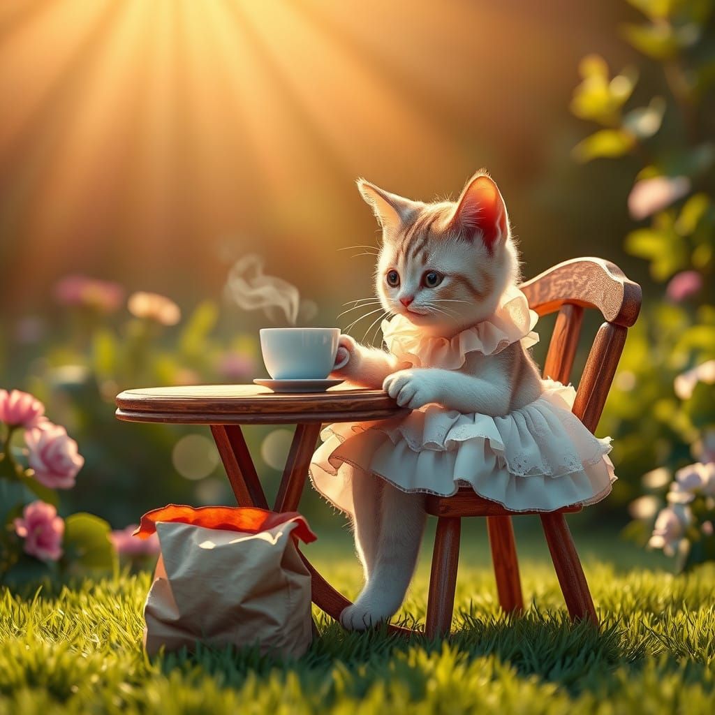 Whimsical Cat in English Garden Sipping Coffee