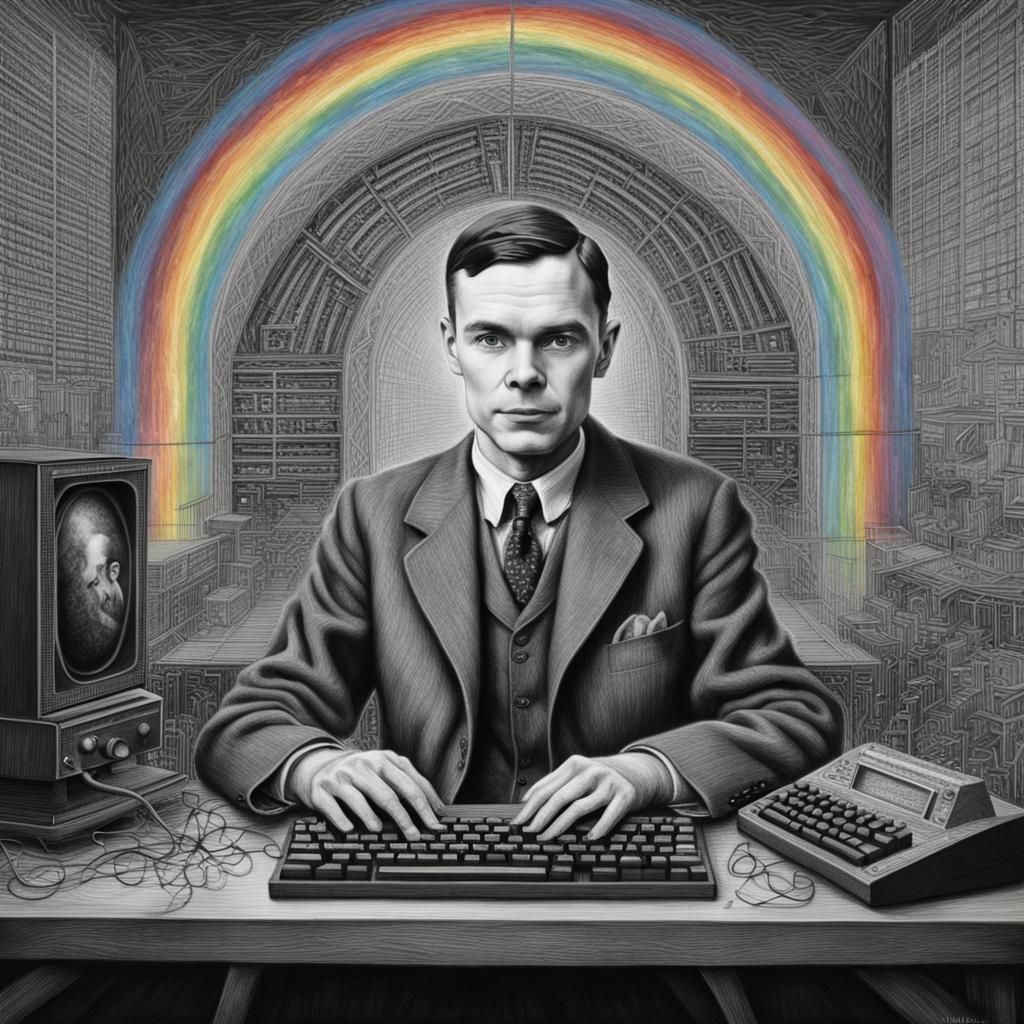 Detailed Charcoal Portrait: Alan Turing and Computer