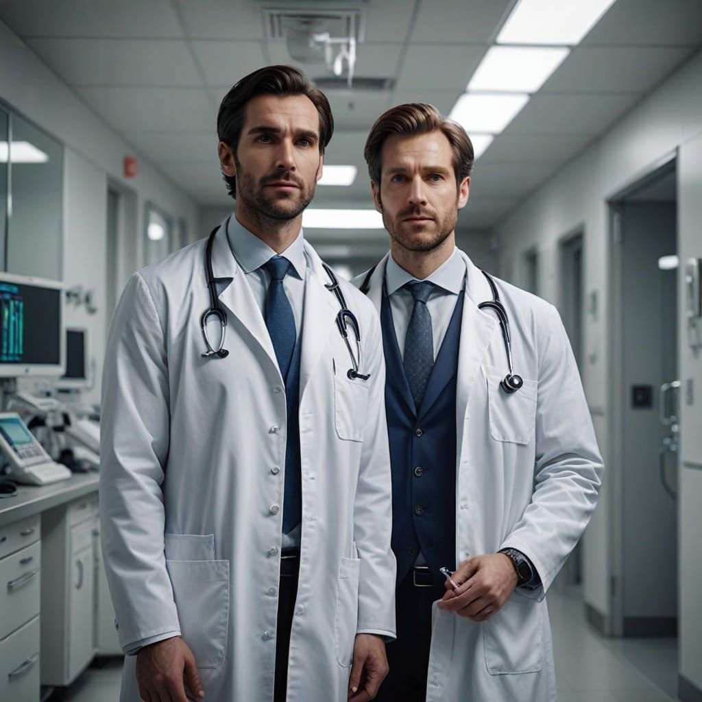 Hyper-Realistic Portrait of Two Doctors in a Hospital Corrid...