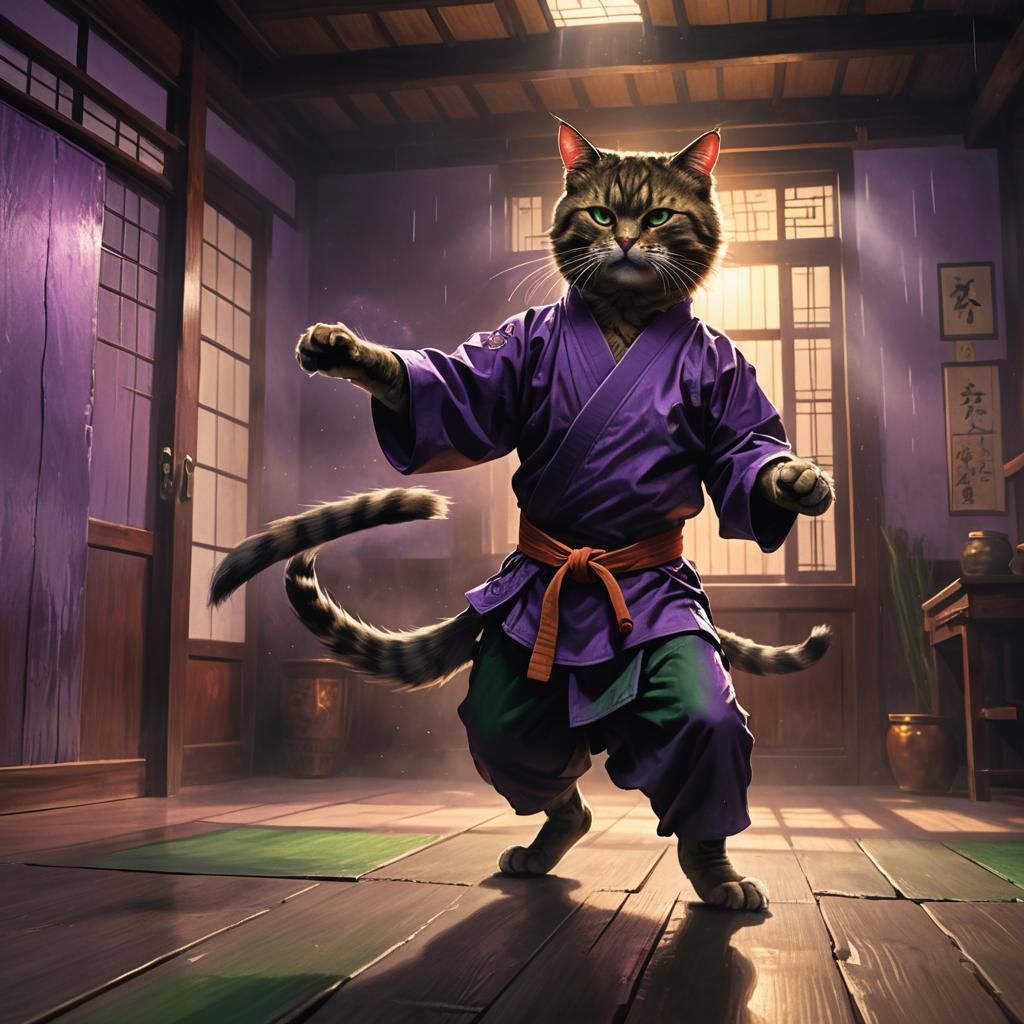 Cat Practicing Karate in Dark Fantasy Dojo