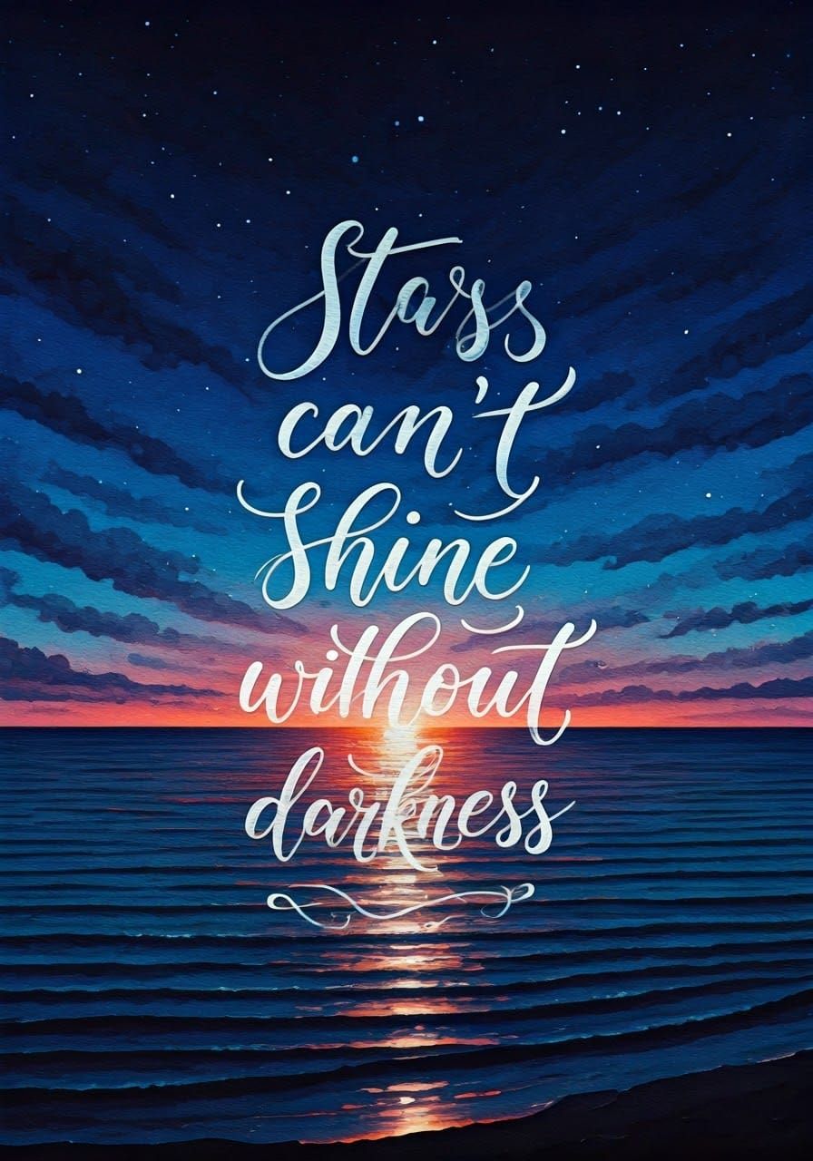 Watercolor painting of a night sky upon a sea with calligraphy text "Stars can't shine without darkness".