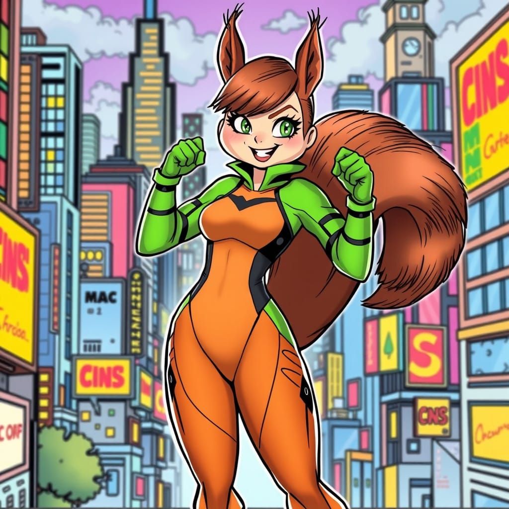 Squirrel Girl Hero in Colorful Cityscape