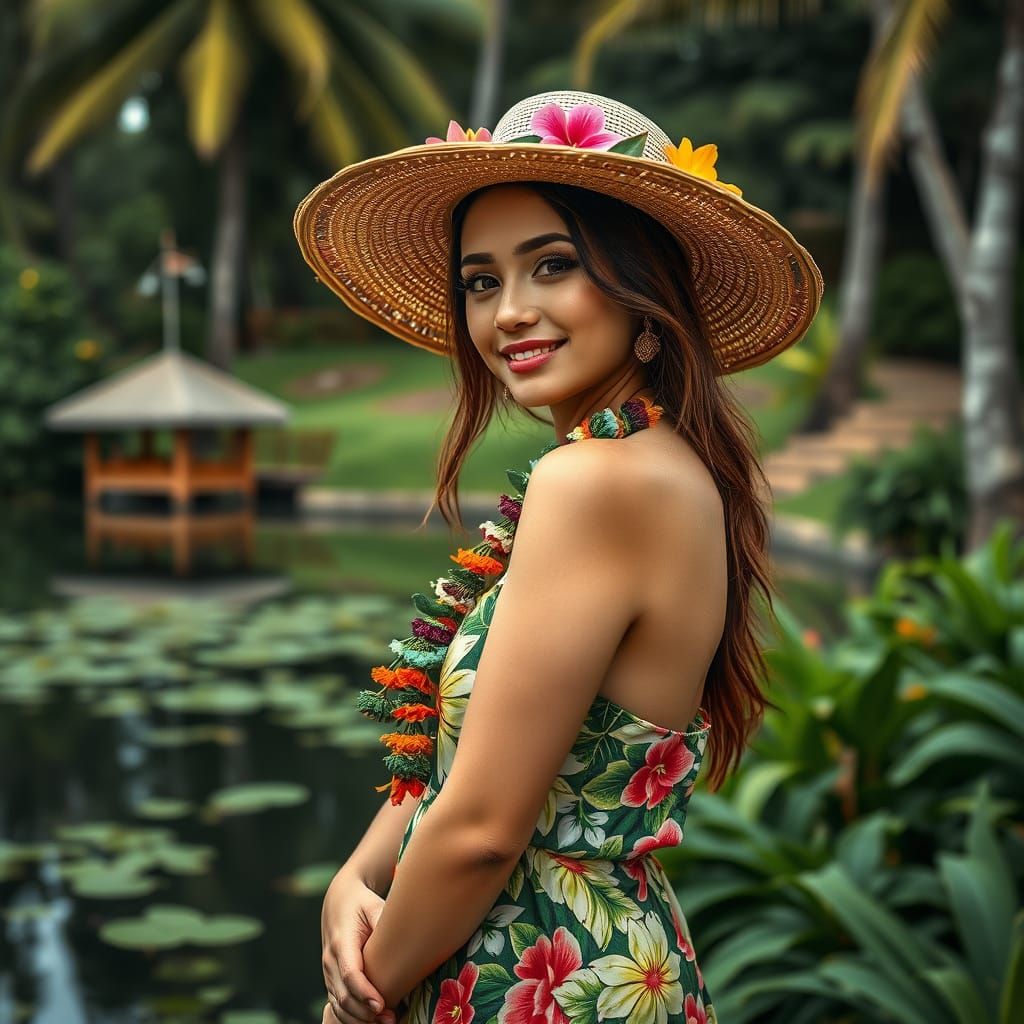 Hawaiian Woman in Lakeside Garden, Hyperrealistic Style