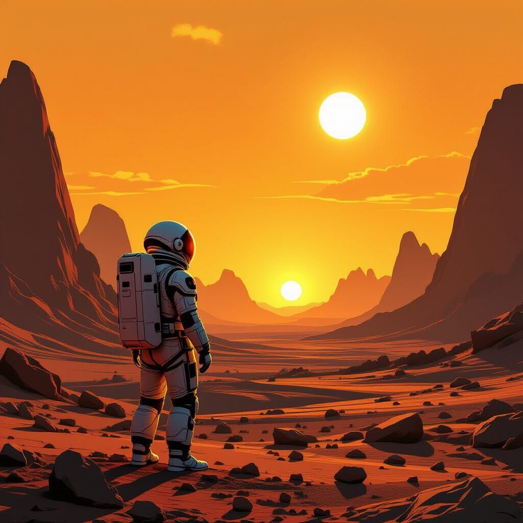 Astronaut on Alien Planet at Binary Sunset