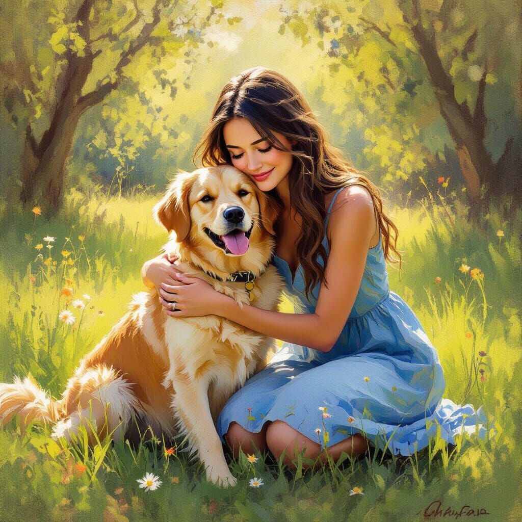 Woman Hugs Labrador in Sunlit Park, Impressionistic Oil Pain...