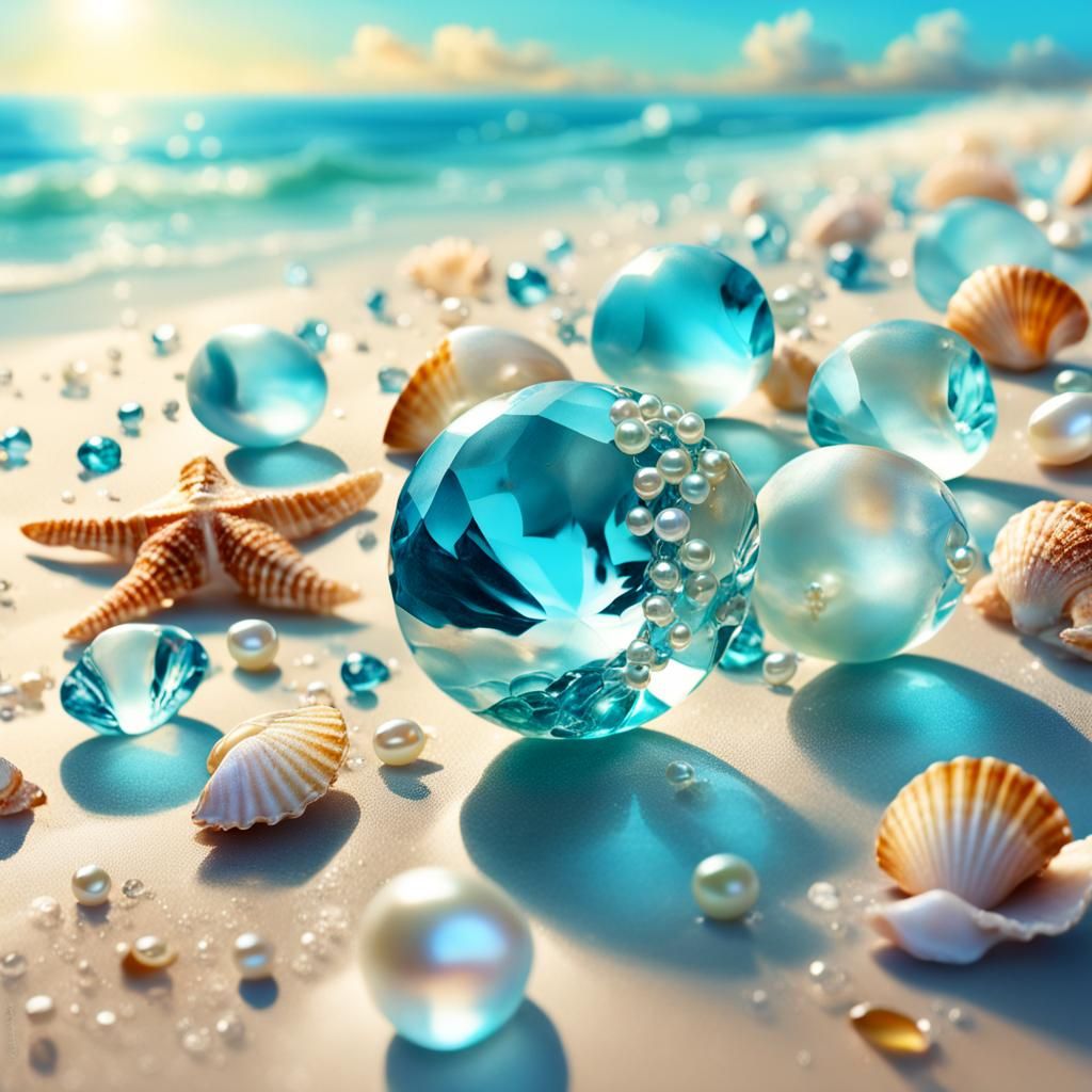 Pearls and Shells Shimmering on Aquamarine Beach