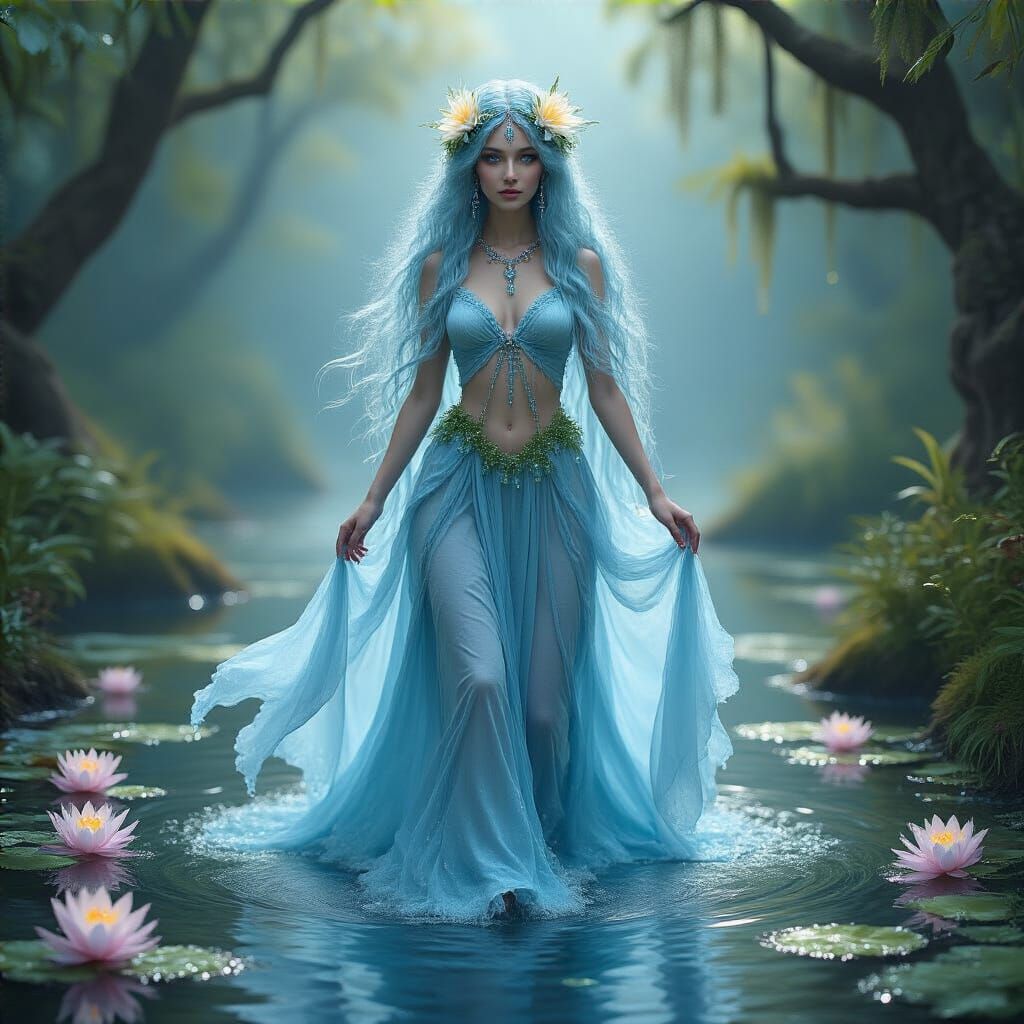 Ethereal Water Goddess in Mystical Forest Pond