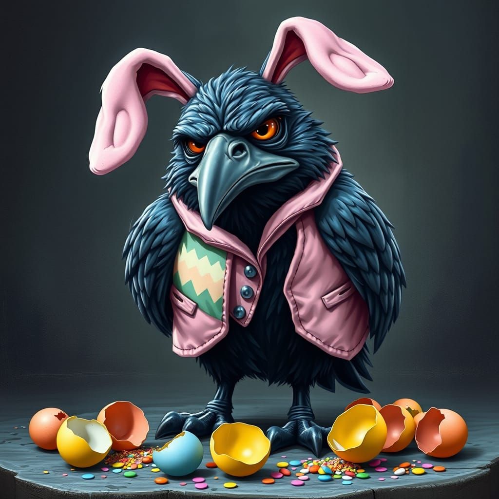 Raven dressed up in a slightly tattered Easter bunny costume....