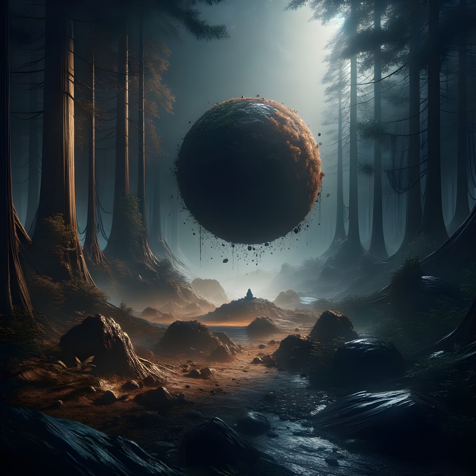 Earthen Orb Suspended in Dark Fantasy Forest
