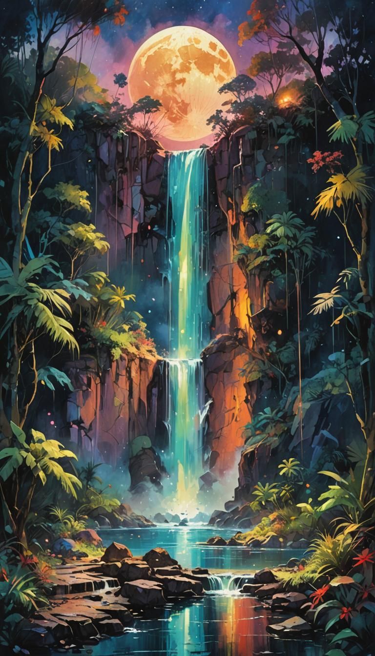 Magical Tropical Waterfall Under a Glowing Full Moon