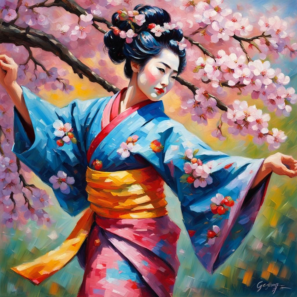 Dancing Geisha Portrait in Neo-Impressionist Style