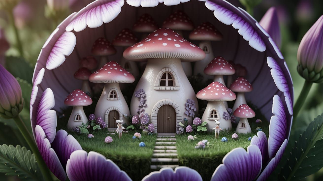 Fairy Kingdom Inside a Flower, Mushroom Houses and Fairies