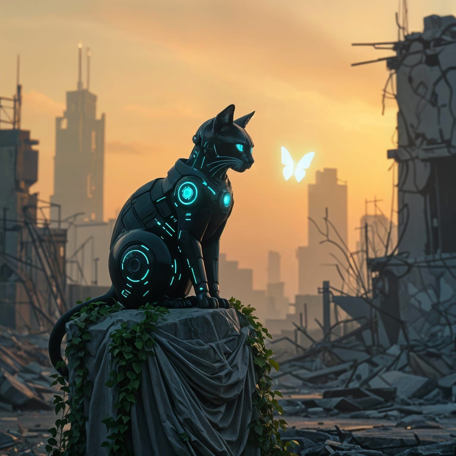 Cybernetic Cat in Dystopian Cityscape