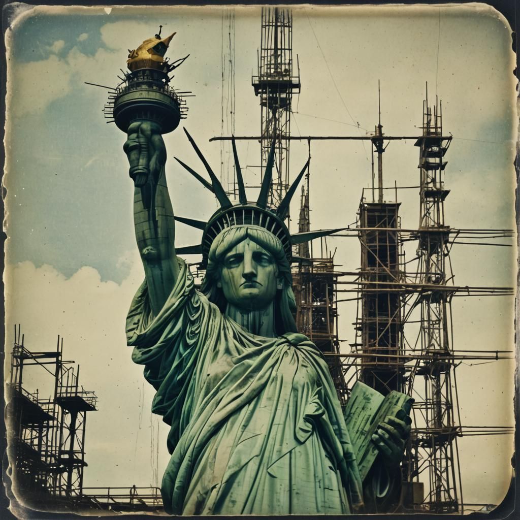 an aged polaroid of Statue of Liberty with scaffolding