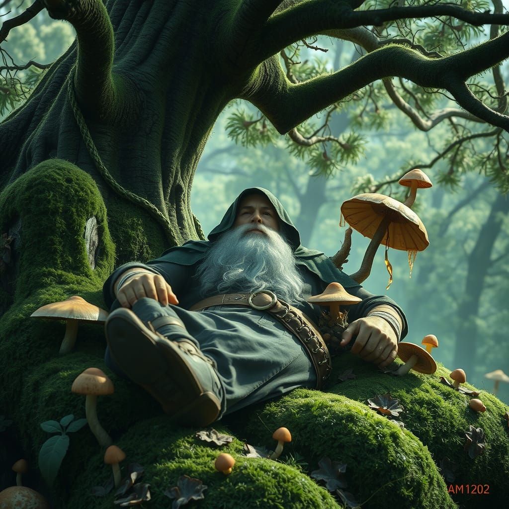 Bearded Mage in Mossy Fantasy Landscape