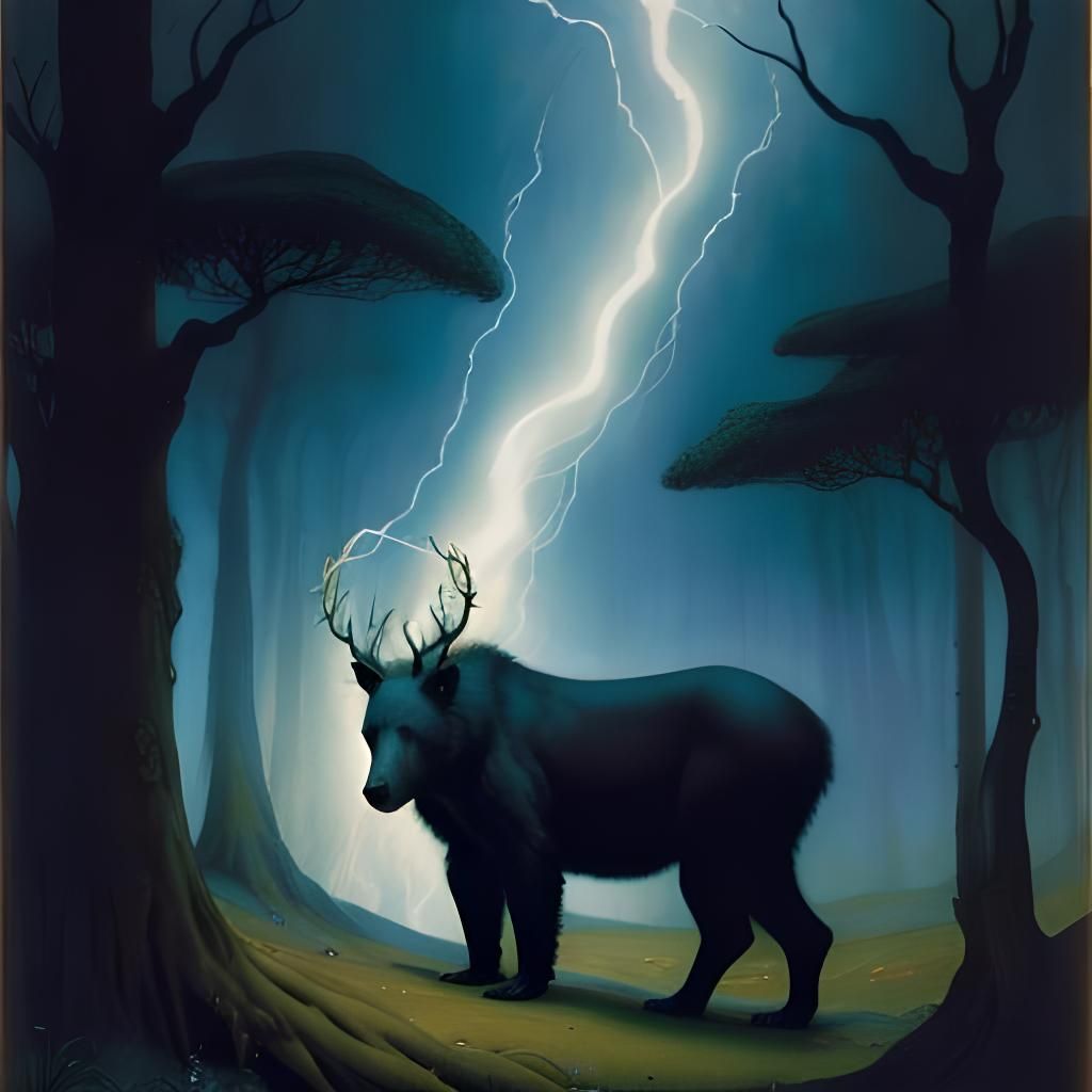 Black Bear Stag in Chiaroscuro Forest Lightning Storm