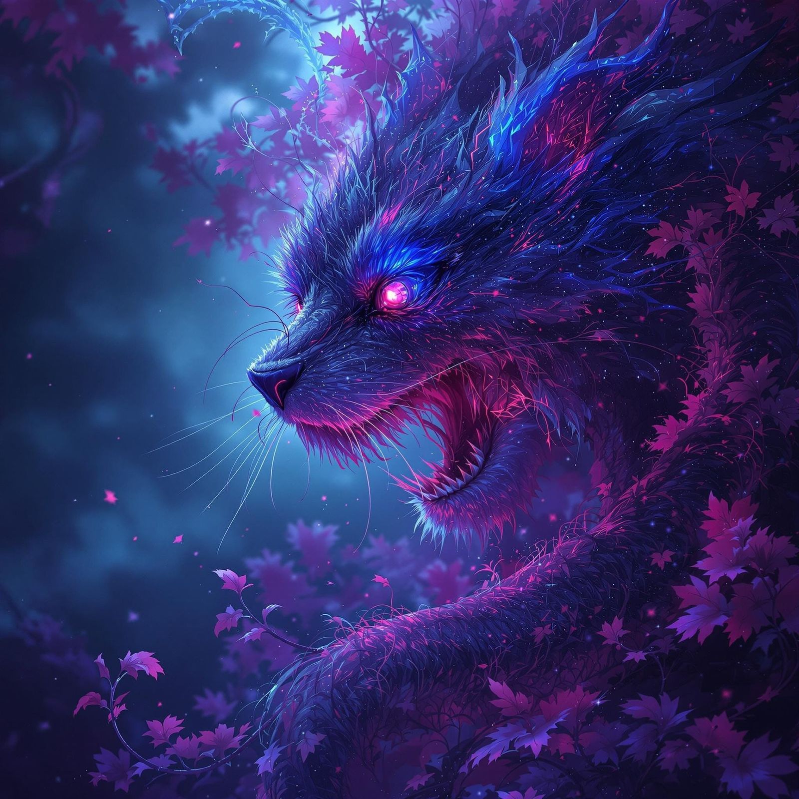 Surreal Red Purple Predator Unveiled in Fantasy Landscapes