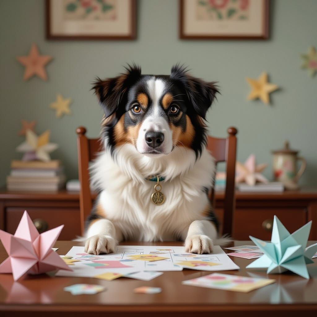 Guilty Dog Surrounded by Torn Paper, Anime-Inspired Art