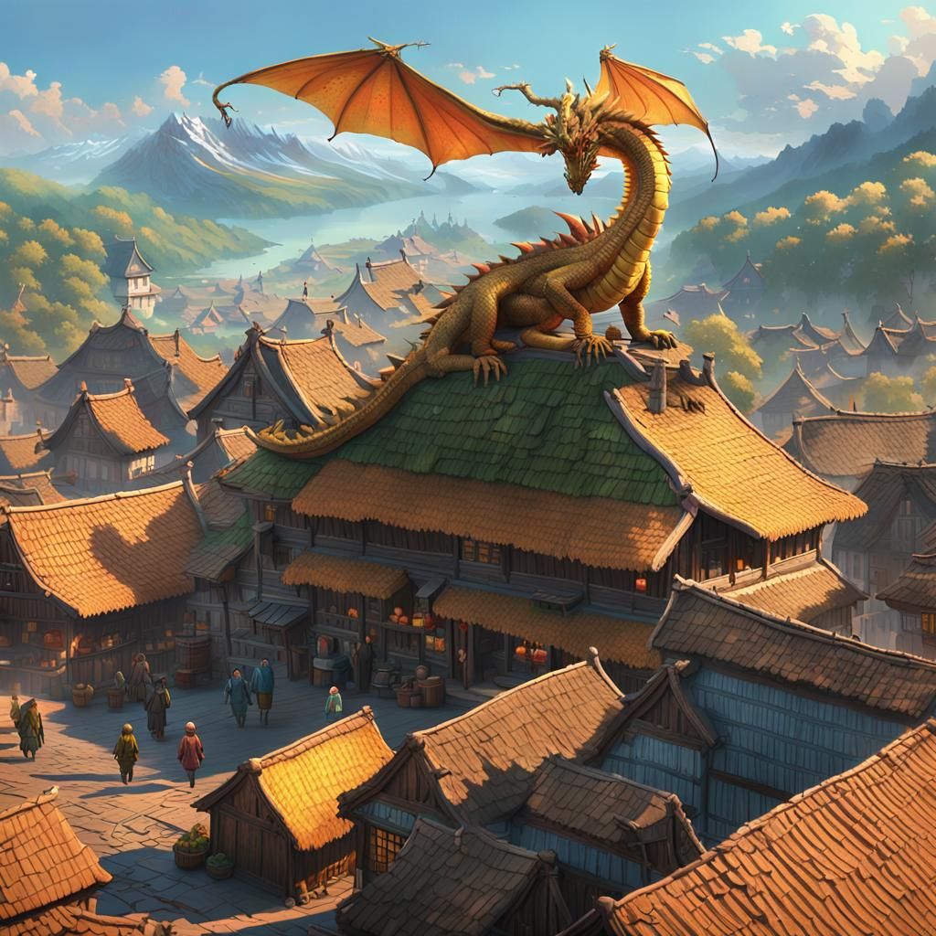 Majestic Dragon Descends on Village: Fantasy Art