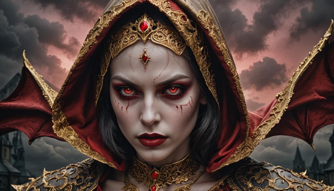 Red and Gold Vampire with Black Cloud Background