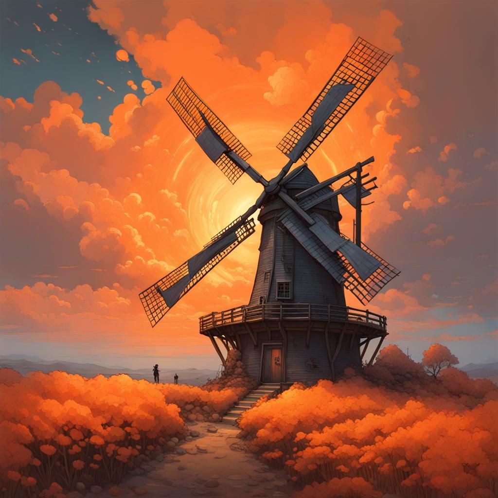 Windmill Against Orange Sky: Fantasy Masterpiece