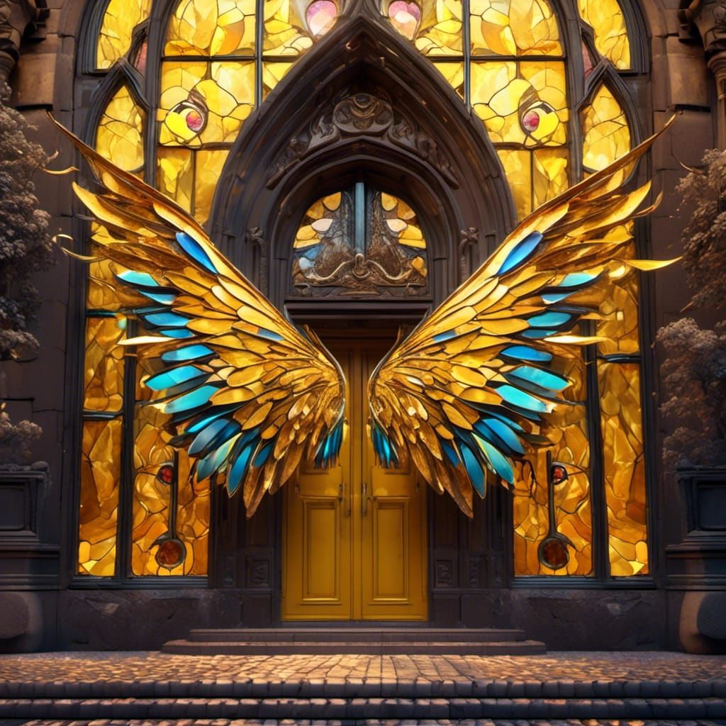 Yellow Prismatic Wings Before Stained Glass