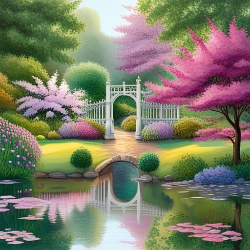 Tranquil Garden in Full Bloom: AI Generated Image