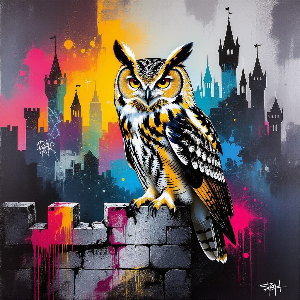 Graffiti Owl on Abstract Castle Wall
