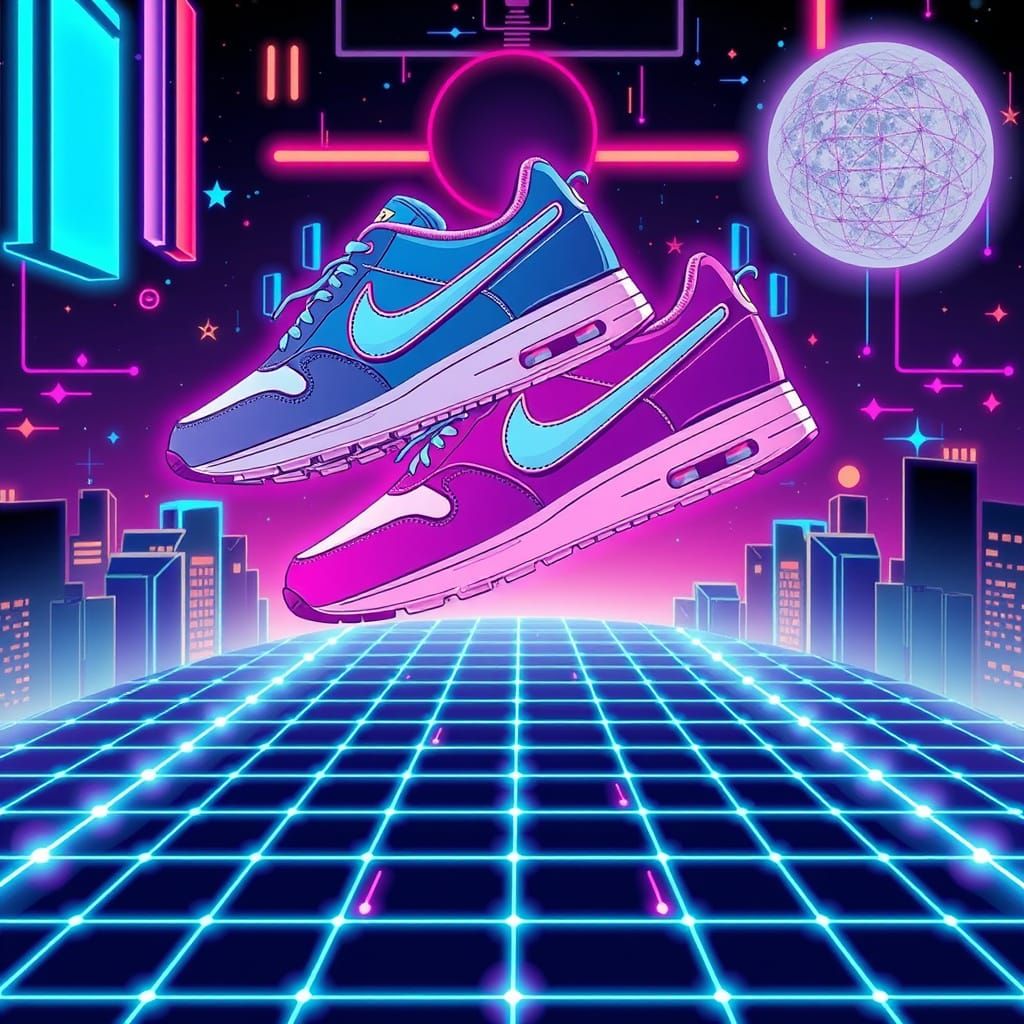 Nike Sneakers Levitating in Retro Synthwave Vector Art
