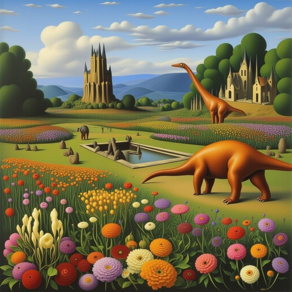 Dinosaurs in Rose Garden: A Strange World