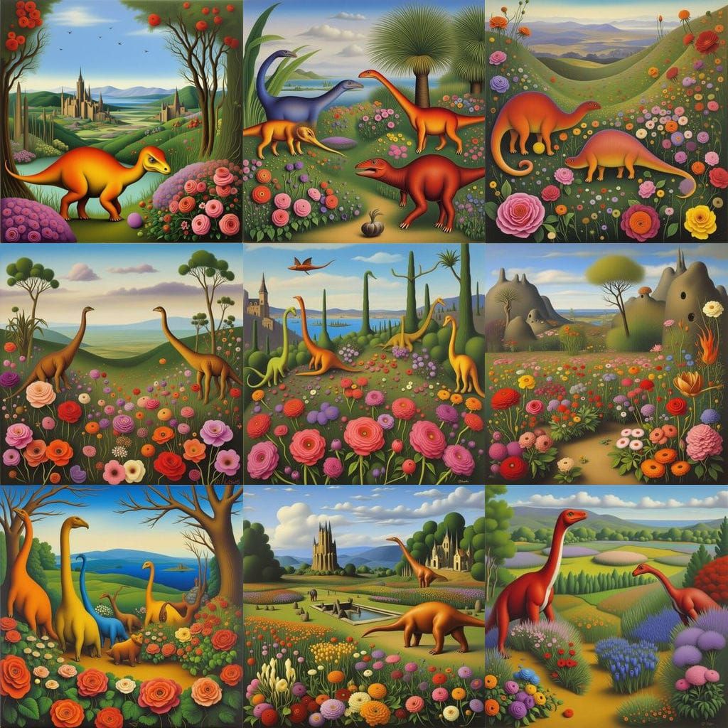 Dinosaurs Explore a Rose Garden