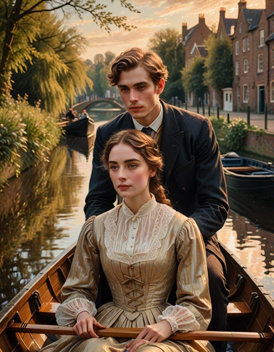 Victorian Couple in Rowboat: Romantic Realism Portrait
