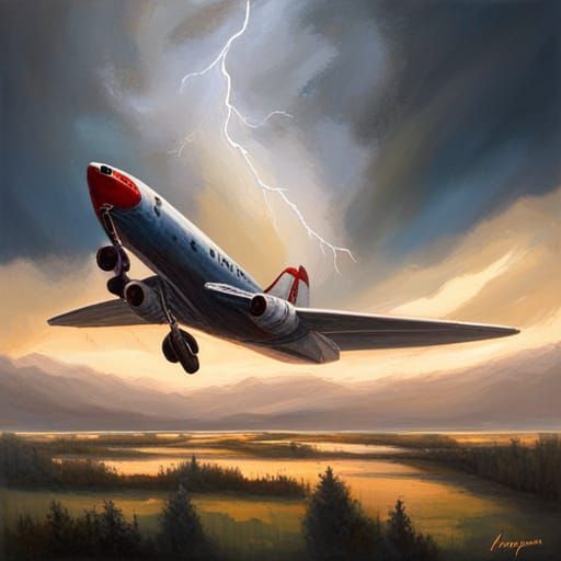 Airplane Soaring Through Lightning Storm, Oil Painting