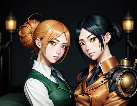 Kemono Twin Sisters Kissing in Steampunk Manga Style