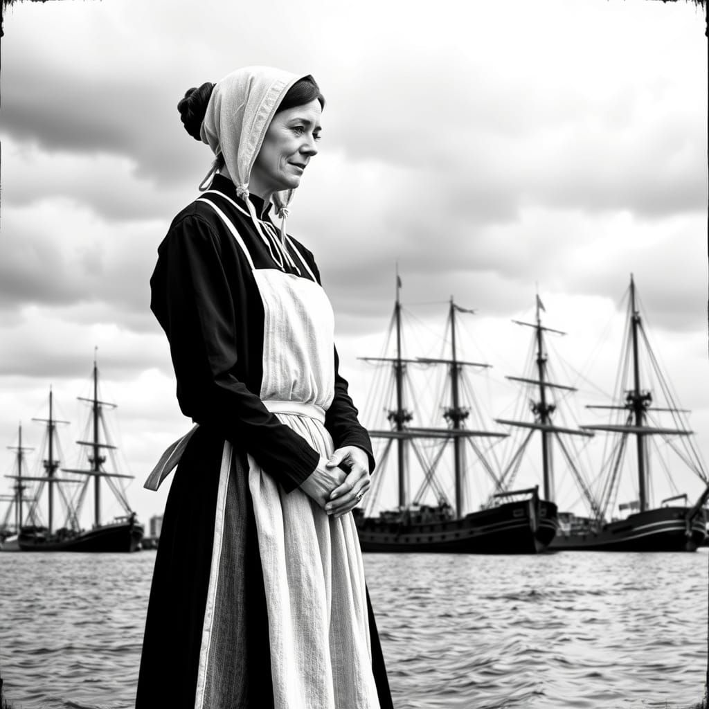 Amish Woman Contemplates at Rotterdam Harbor in Traditional ...