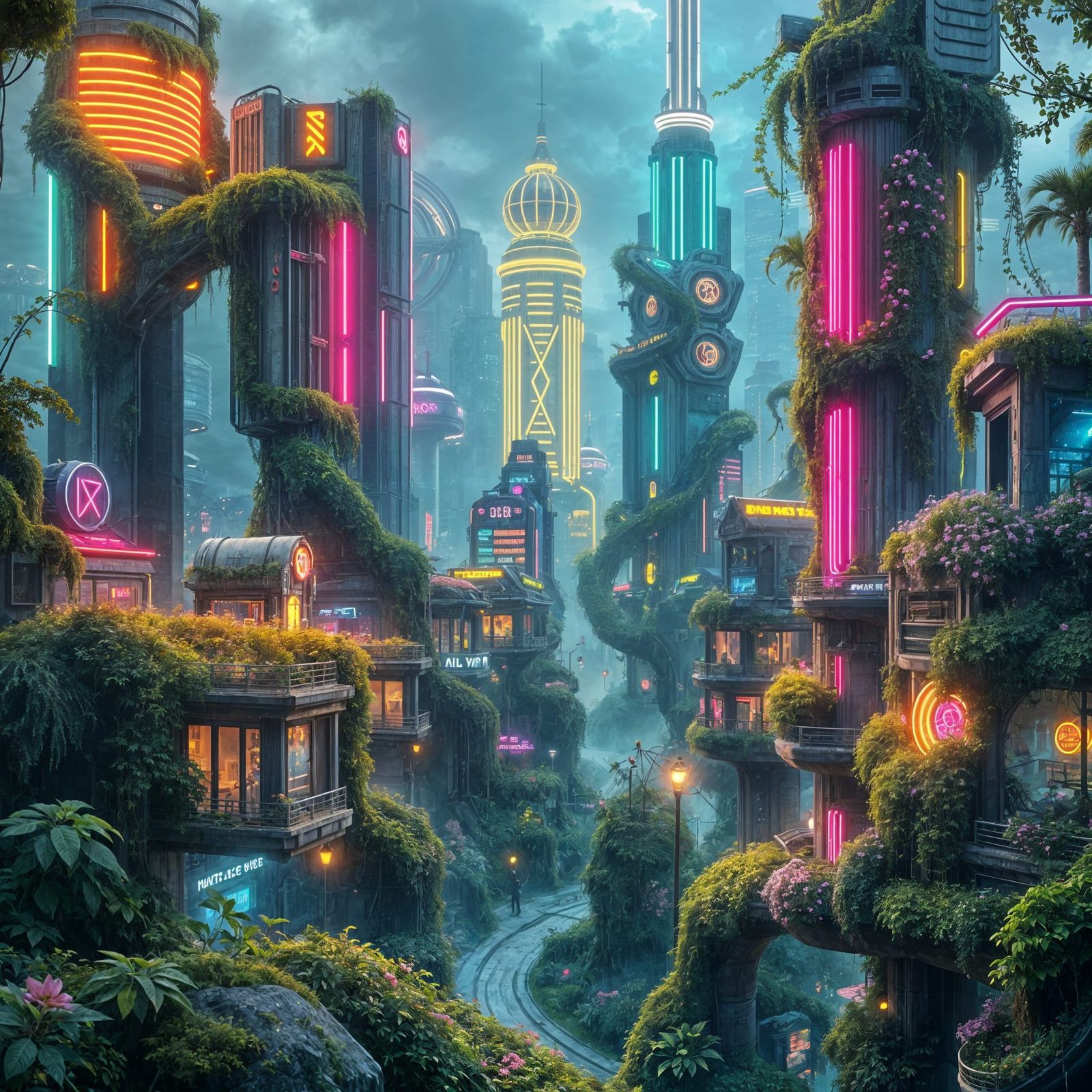 Vibrant Solarpunk Village Erupts with Technology