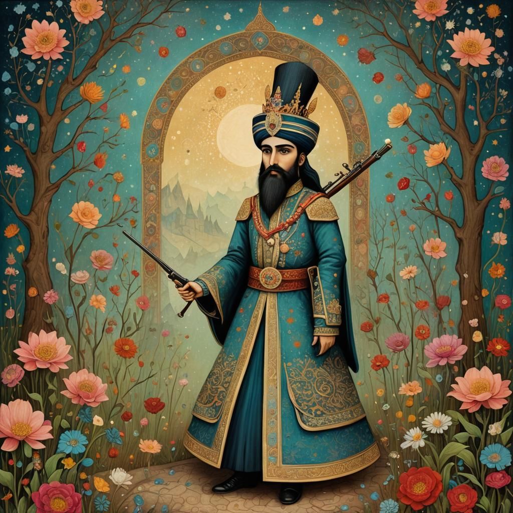 Qajar Prince Shooting Mullah in Art Brut Style