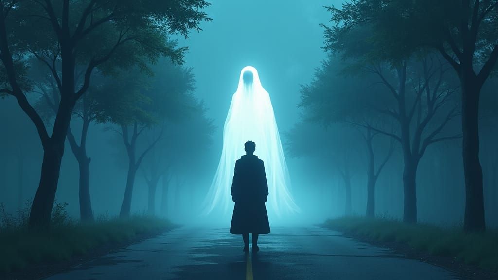 Terrified Man Confronts Ghost in Anime Style