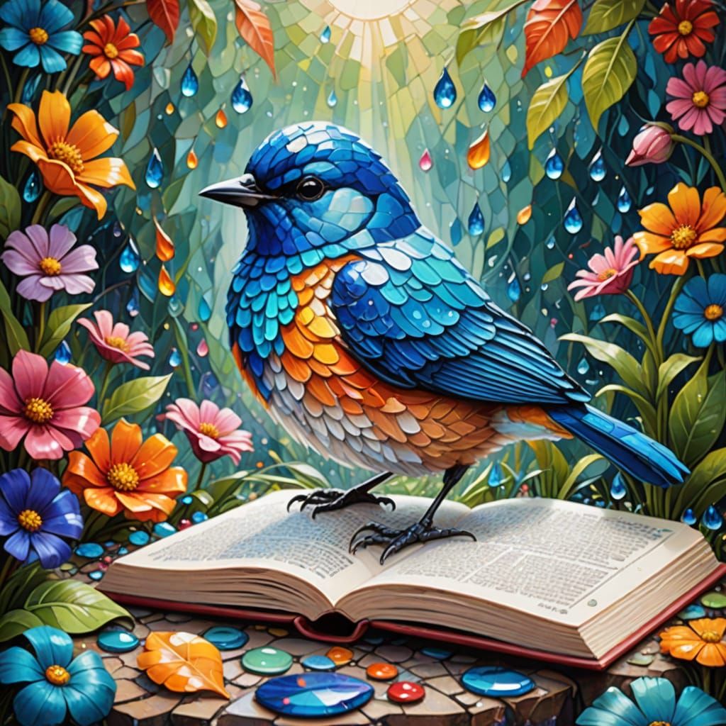 Majestic Morning Scene with Whimsical Stone and Bird