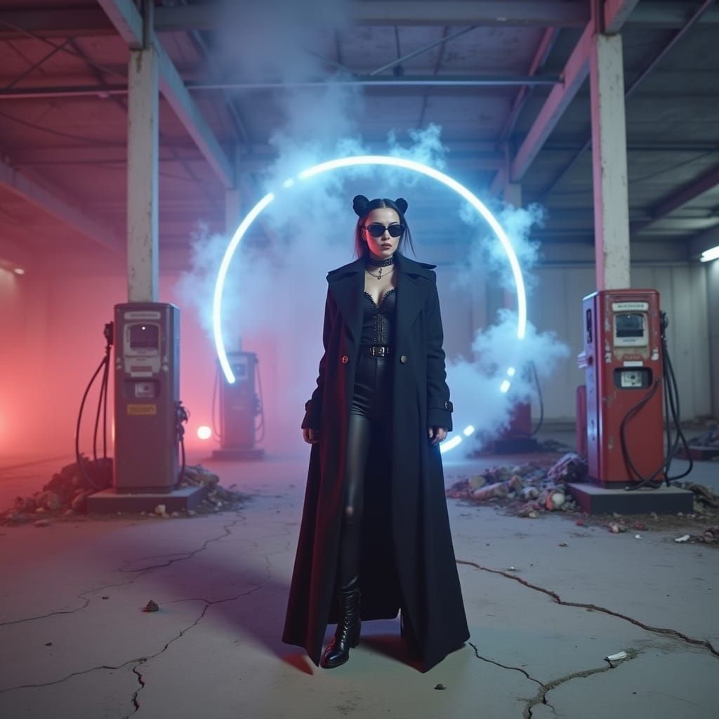 Gothic Fashion Model in Abandoned Gas Station