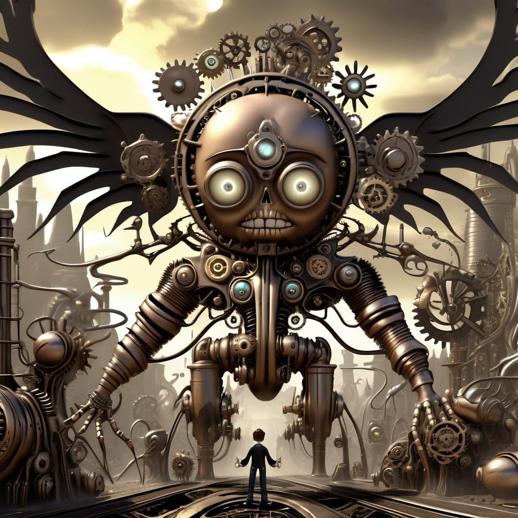 Clockwork Superhero Saving Child: Surreal Art