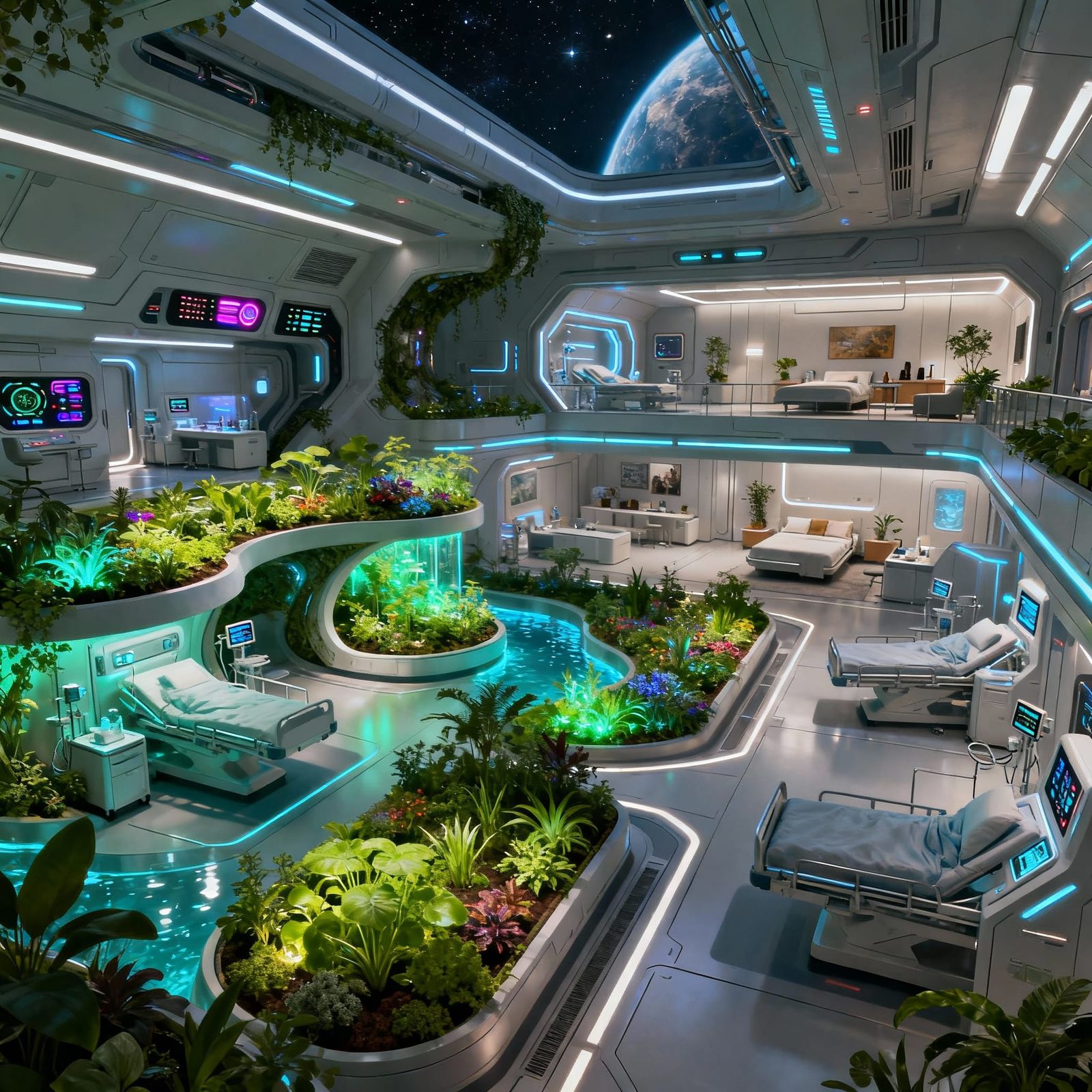 Futuristic Space Station Interior with Hydroponics