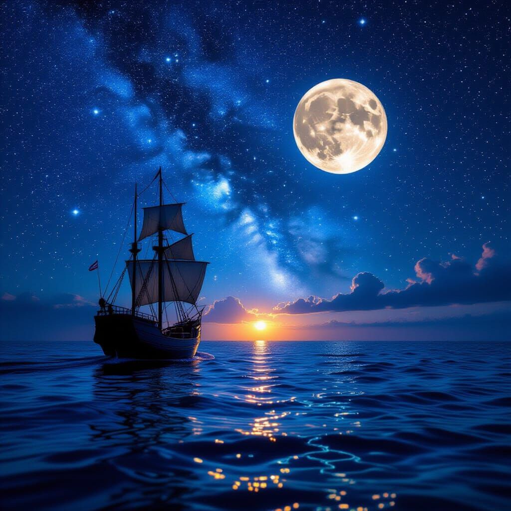 Surreal Night Sky Over Glowing Ocean with Sailing Ship