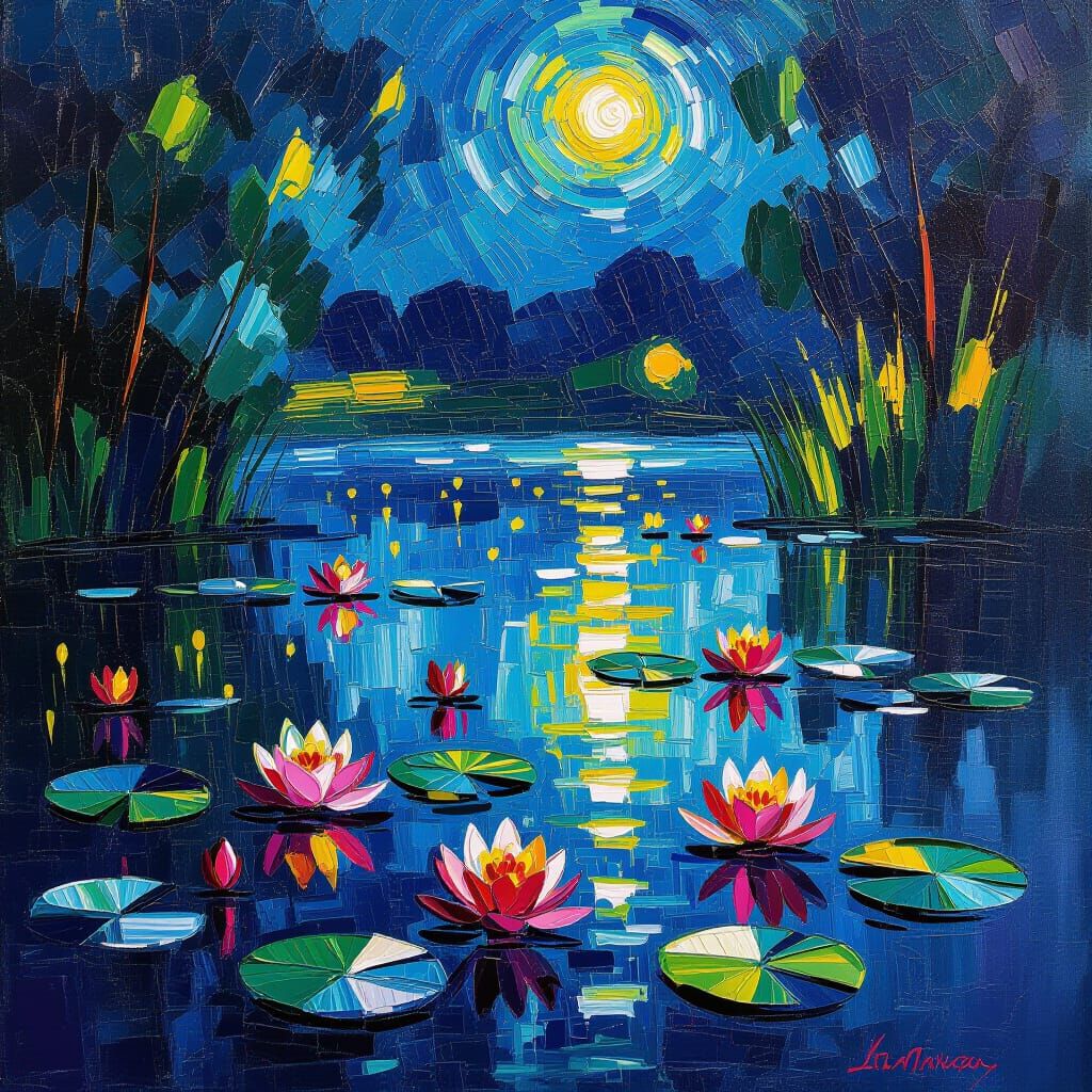 Neo-Impressionist Lily Pad Lake with Fireflies