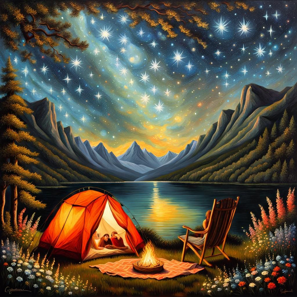 Bohemian Women Camping Under Cosmic Starry Night