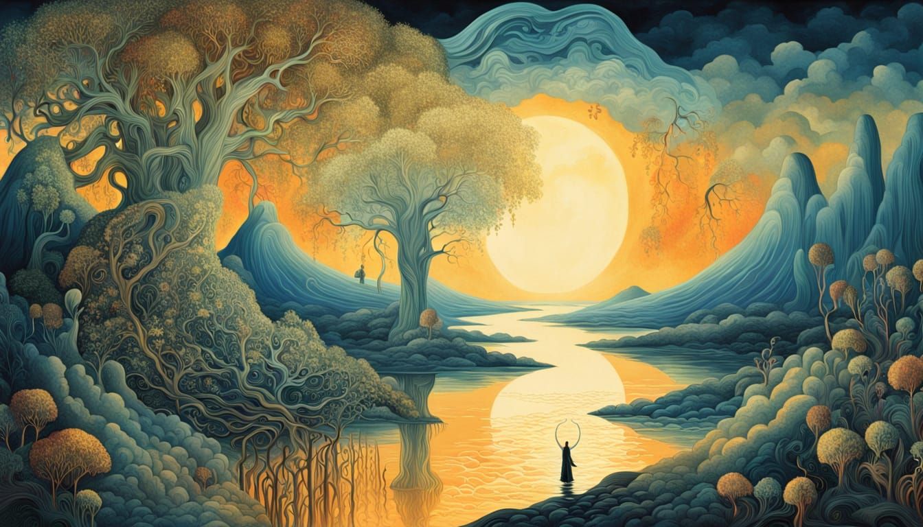 Dreamlike Surrealist Landscape with Lush Patterns and Mythic...